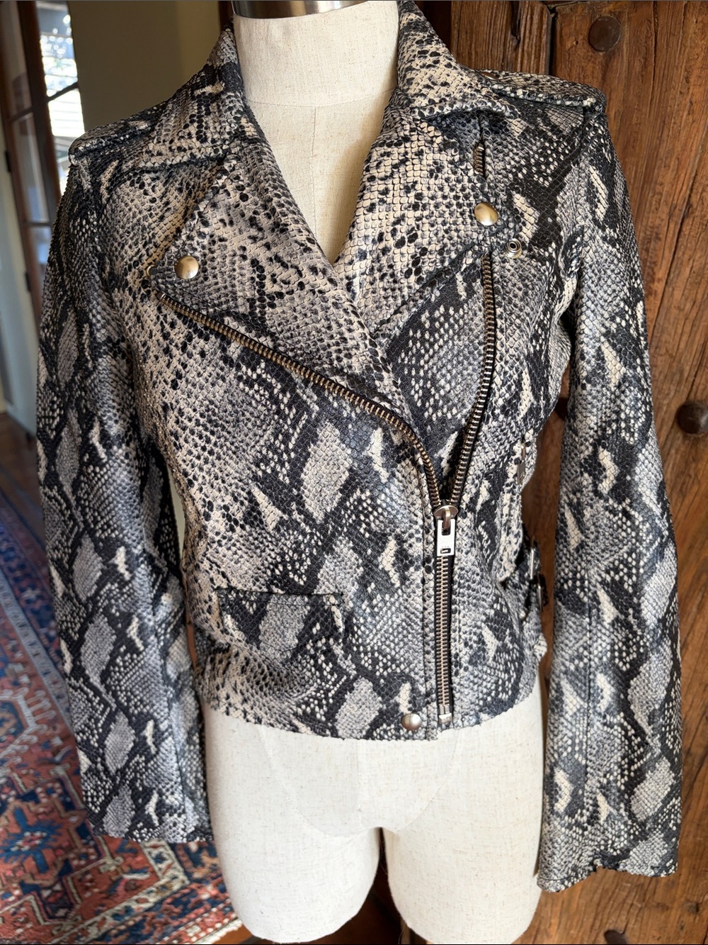 IRO Ashville Black and White Snake-Print Leather Moto Jacket